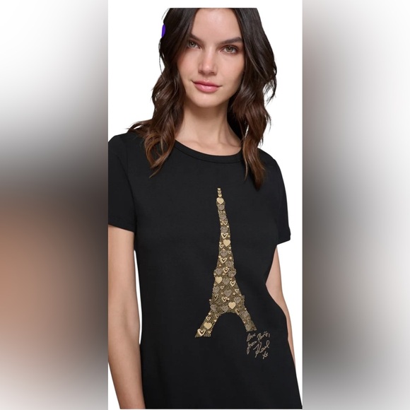 Karl Lagerfeld Paris Eiffel Tower Tee Dress Black Gold Size M NWOT - Picture 5 of 5